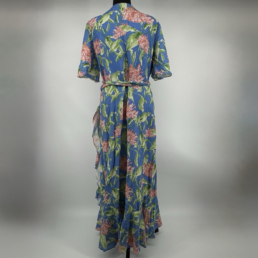 J. McLaughlin Audette Wrap Maxi Dress XL Blue Floral Linen Blend Peony Belted - Picture 5 of 13